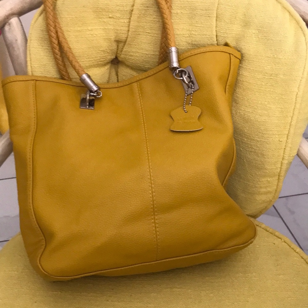 Yellow Leather Tote Bag with Braided Handles